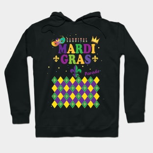 Mardi Gras Carnival Festive Geometrical Fleur de Lis Rhombus Arrangement Pattern, Green, Yellow, Purple color, Festival Party Decoration. Modern Art Hoodie